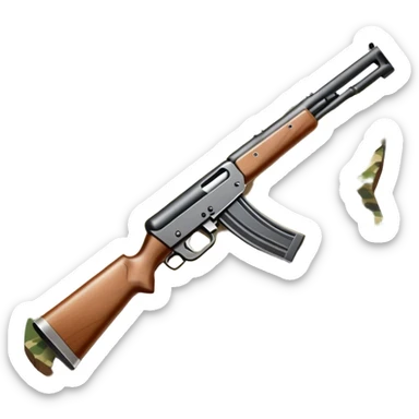 Icon for Hunting: a rifle, hunting knife and a set of animal tracks on the ground, surrounded by a camouflage pattern. The icon should represent the tools and spirit of hunting. Transparent background. sticker