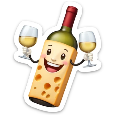 Laughing wine bottle with cheese sticker