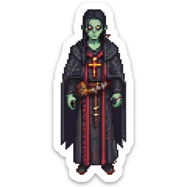 a zombie from the game DAYZ, A PRIEST WITH BLACK HAIR WEARING A BLACK ROBE sticker