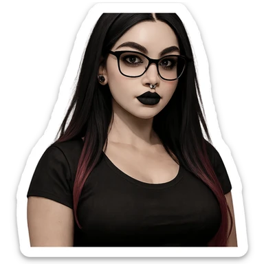 bust-up view of a pale-skinned girl with facial piercings, long straight black hair fading to pink, bold dark makeup, glasses, and curvy figure sticker