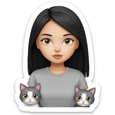 a pretty bratz dusky girl with long straight hair with 2 cats nd wearing a grey tshirt sticker