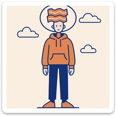 person with bacon hair, very small head, orange hoodie, black trousers, orange shoes, gamer chain around head, clean modern illustration style sticker