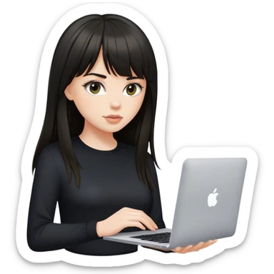 Beautiful white girl with dark long hair with bang in black shirt with MacBook  sticker
