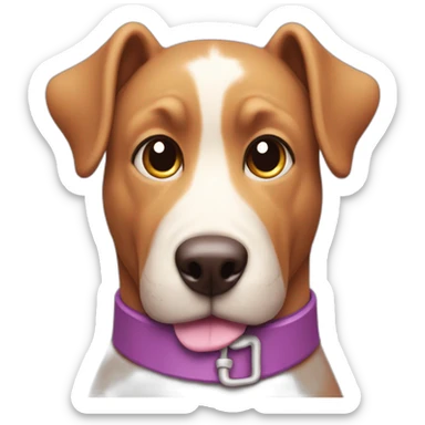 a purple dog with a brown nose and a pink collar with a bone eat cake sticker