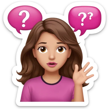 girl with long wavy brown hair, brown eyes, light to medium complexion, in a pink shirt, pink lips, long lashes, shugging, question mark one speech bubble sticker