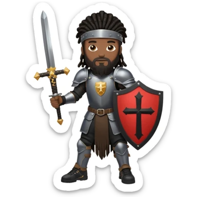 African American with long black dreadlocks with black beard wearing a black knight amour wearing wearing black Air Force 1 low top shoes holding a shield with cross on it and a double edge sword sticker