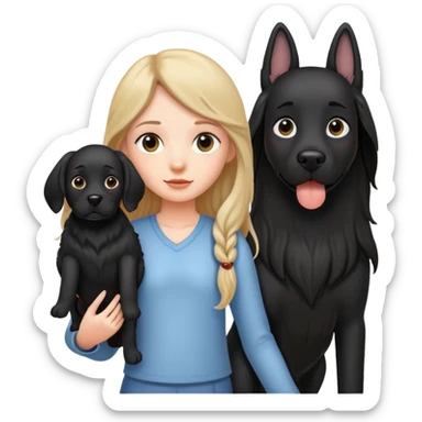 A long-haired girl is holding a big black dog with standing ears sticker