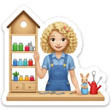 smiling blonde curly woman arranging furniture in doll house with overalls sticker