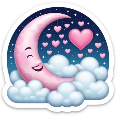 Pink Moon Crescent With Clouds And Hearts sticker