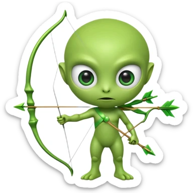 3D emoji-style green alien holding a bow and arrow, glossy texture, smooth skin, large expressive eyes, small humanoid body, minimalist background, soft lighting, Pixar-style rendering, high detail, cute but slightly serious expression, clean centered composition. sticker