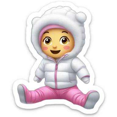 Baby wearing white jacket, white beanie, and pink pants doing a snow angel in snow on the ground sticker