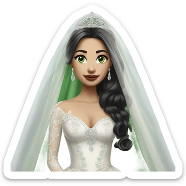 Hyper Realistic ornate ballgown long sleeve Wedding dress with diamanté on Russian bride with pale skin and green eyes and long black hair with veil hyper realistic  sticker