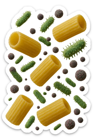 SEI BATTERI intestinALI FLUTTUANO IN ARIA CON PENNE DI PASTA RIGATE, IPERREALISTICO 4K sticker