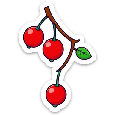 Two plump red cherries hanging from a small branch with green leaves sticker