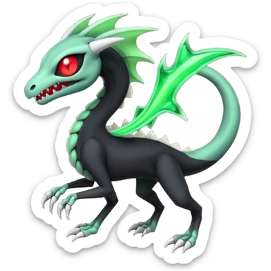Obsidian-black and neon-glowing-green skeletal Meloetta-Salandit-Gorebyss-Salazzle-Pokémon-Fakémon-creature-fusion-hybrid with glowing crimson-red evil slit eyes sticker