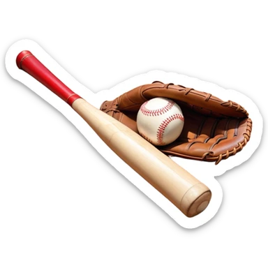 A baseball bat, ball, and glove resting on the ground, set against the backdrop of a baseball field. The scene captures the iconic equipment of the sport, with the field in the distance and a bright sky above, evoking the spirit of the game. sticker