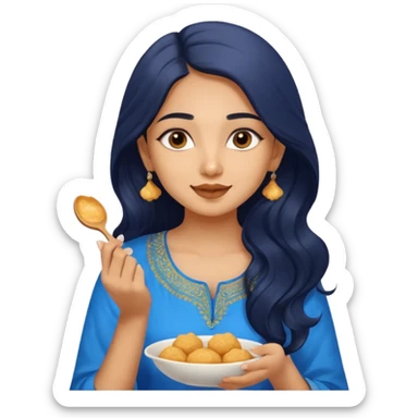 a pretty tan indian bratz girl. eyeliner on, wearing a blue kurti, eating golgappa. NO SPOON. wavy long BLACK coloured hair sticker