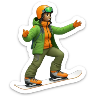 Snowboarder with orange throusers and green jacket sticker