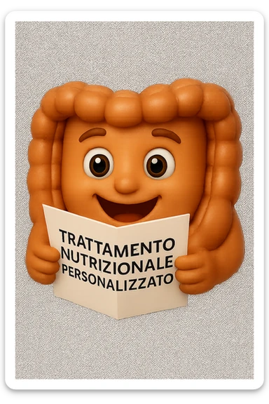 emoji stile iphone di un intestino felice che legge un foglio con la scritta "trattamento nutrizionale personalizzato", non fargli il naso, iperrealistico 4k sticker