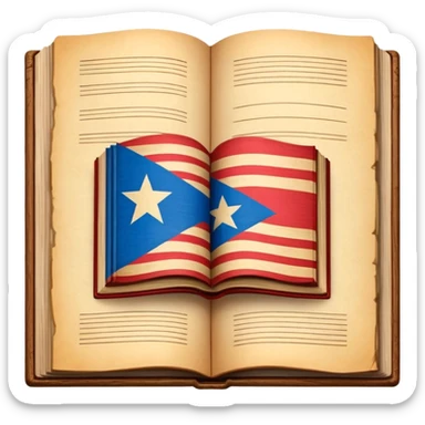 Open vintage book showing detailed stage design sketches, blueprints of theatrical sets, Puerto Rican flag elements woven into the designs, wooden borders, emanating a golden timeless glow sticker