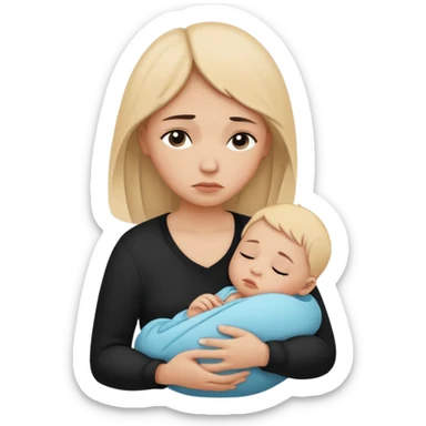 Minimalistic flat vector icon, iOS style, thin black contour on white background. Silhouette of a sad mother holding a baby, small tear drop. Clean, no text, no shadows sticker