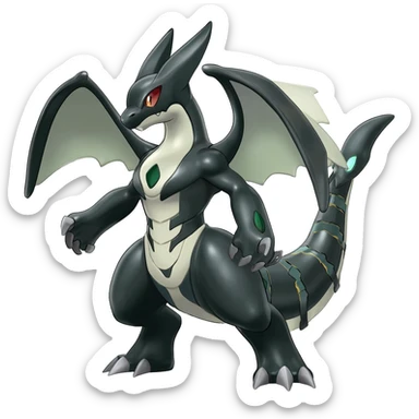 Shiny Black Grey White and Dark-Green Axew-Tyranitar-Larvitar-Flygon-Scyther-Pokémon-Fakémon-Digimon-fusion-creature, full body sticker