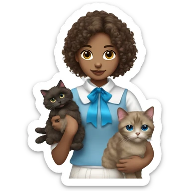 Brunette curly hair girl holding a fluffy Ragdoll cat with blue eyes and bow collar sticker