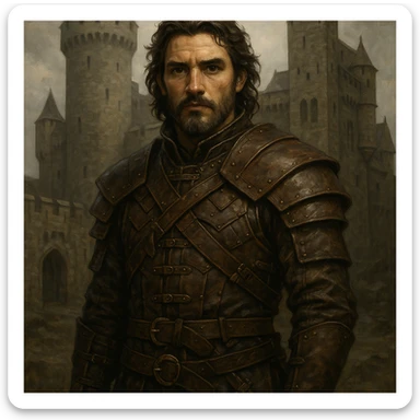 portrait of a leather-armored warrior, direct gaze, medieval castle backdrop, Game of Thrones style, DnD style, ArtStation quality, detailed illustration sticker