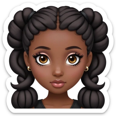 pretty bratz girl, dark brown space buns, dark brown eyes, black eyeliner, deep black skin sticker