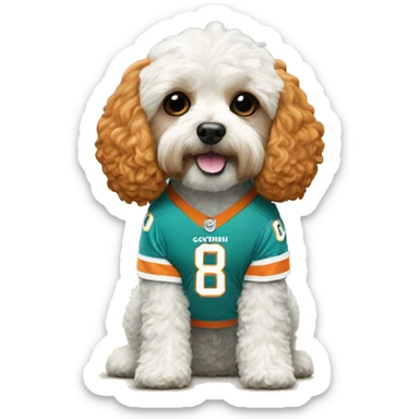 Cavapoo with a Miami Dolphins jersey sticker