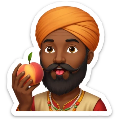 Indian man with a long beard licking a peach sticker
