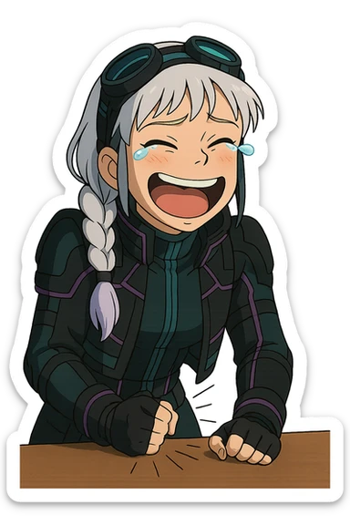 1 female, white braid with lavender tips. Cybergoth futurepunk, crying from laughter, pounding her fist on a table, “wheeze emoji” facial expression  sticker