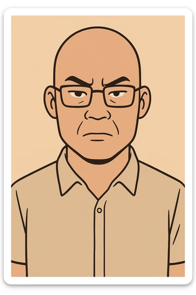 cartoon style, Asian man with shaved head and glasses, serious look, plain background sticker
