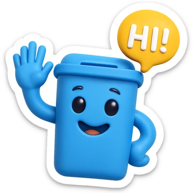 3D emoji style blue bin with a smiling face, waving and saying hi sticker