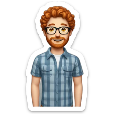 man. around 25. redhead. blue eyed man. short mid curly hair. with beard and glasses. scarlet checked shirt sticker