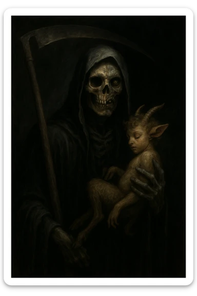 The grim reaper with a faun in his left hand, face split between skeleton and zombie, shadowy and mysterious style. sticker