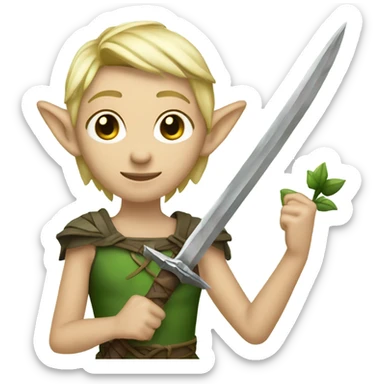 Androgynous, forest fairy, fairy wings, African, pointed elf ears, short blonde hair, vines, holding medieval sword sticker