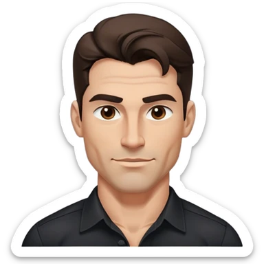 Strong athletic man with buff build, youthful 40s appearance, light brown complexion, elongated face, defined jawline, attractive confident smirk, intense dark eyes, medium eyebrows, straight nose, medium wavy dark hair, wearing a black button-down shirt that shows his muscular build sticker