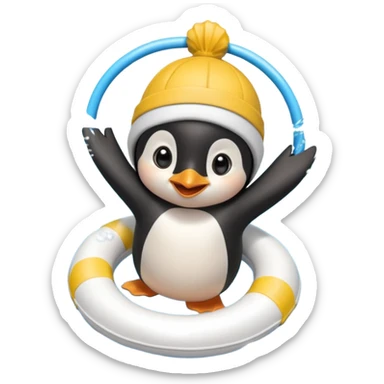 A cheerful penguin swimmer in swim cap, doing a playful backstroke with water rings popping around full body chibi cute
 sticker