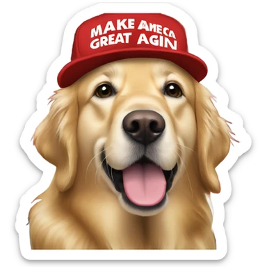 Golden retriever wearing a red hat with the text “make America great again” on it sticker