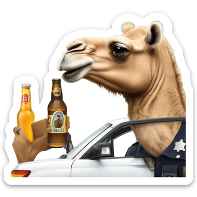 A camel drinking a beer while he’s in a car talking to a cop sticker