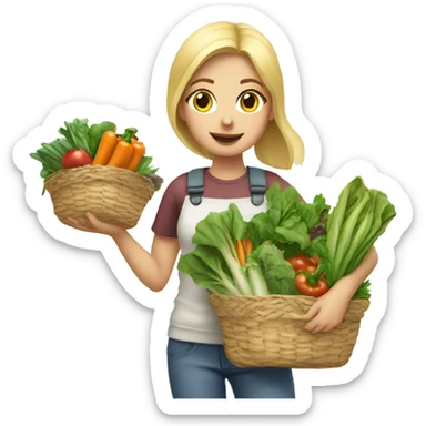 Blonde girl carrying baskets of vegetables and greens sticker