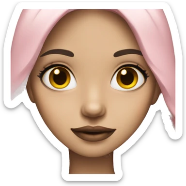 Girl with yellow white skin, black long hair, brown eyes, pink lip sticker