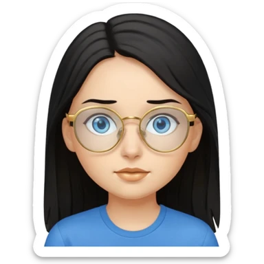 a black haired girl with blue eyes and glasses with blue shirt and long hair and gold glasses sticker