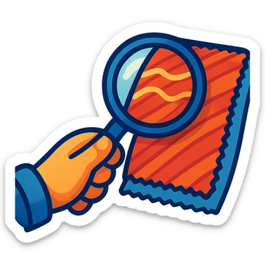 a hand using a magnifying glass to examine textile, soft cartoonish style sticker
