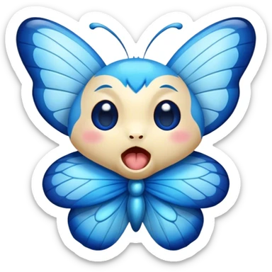 Cinematic Realistic Cute Yawning Blue Butterfly Portrait Emoji, Head tilted slightly with a dramatic, wide-open yawn, showcasing soft, downy sapphire wings with delicate, natural droop and half-closed, drowsy eyes rendered in exquisite detail, high shine, relaxed yet expressive, styled with a dash of subtle garden charm, soft glowing outline, capturing the essence of a sleepy yet affectionate blue butterfly that appears ready to rest its wings in quiet, enchanted slumber! sticker