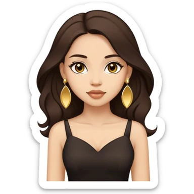 Beautiful woman,cute, long dark brown hair in dark dress with gold earrings sticker