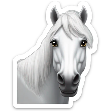 White stallion mustang wearing a grey key around the neck only necklace no mouth strap showing neck no lock sticker