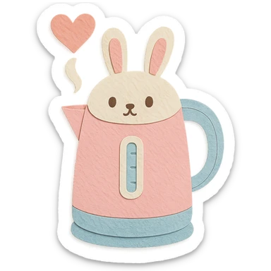 pastel white and pink electric kettle shaped like a shy bunny, heart-shaped steam, full-body sticker
