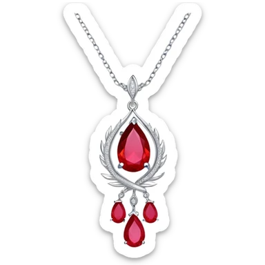 teardrop ruby pendant with fiery light, tiny phoenix feather emerging, haloed by shimmering white stones, and a silver chain sticker